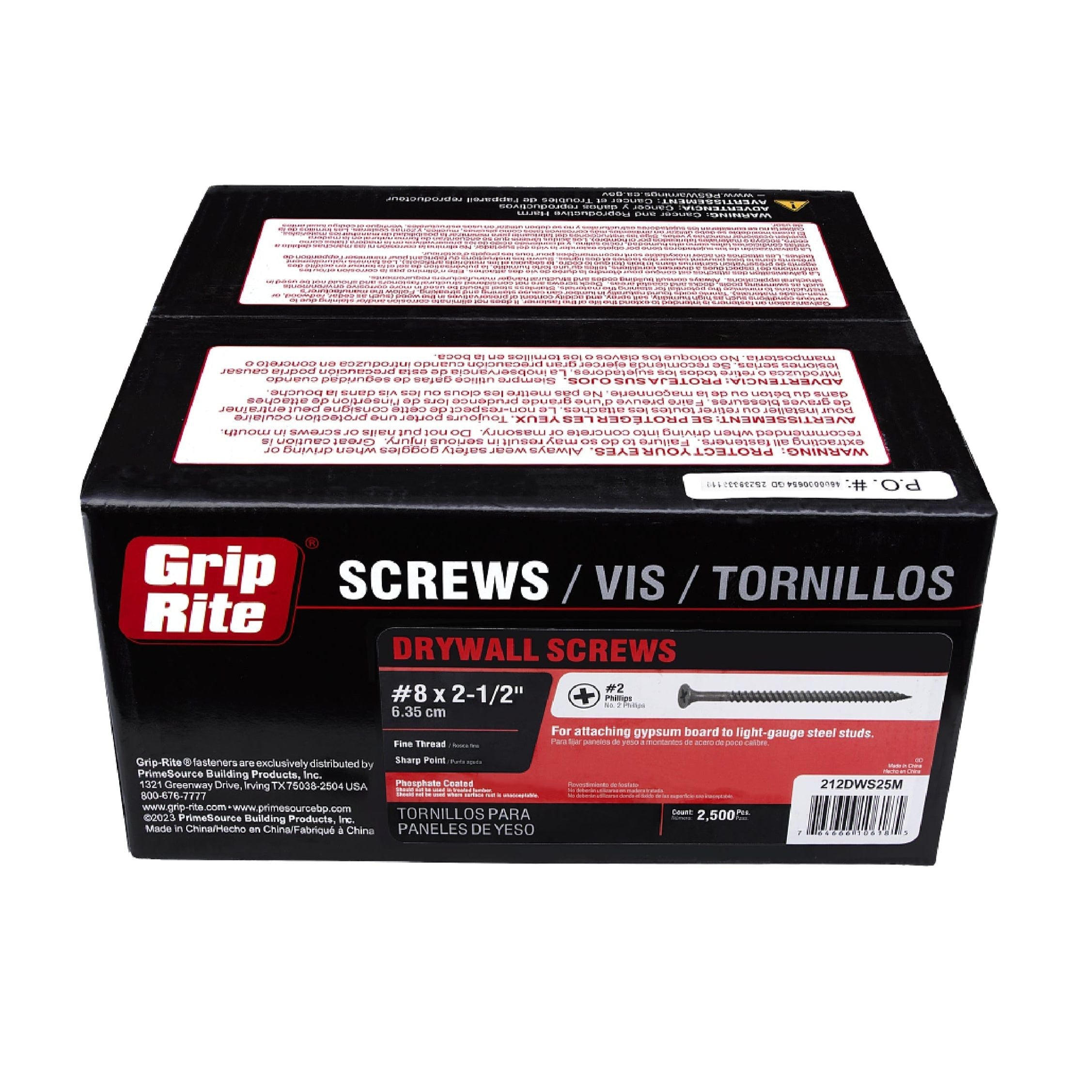 The GRIP-RITE 212DWS25M box contains #8 x 2-1/2 in. fine thread drywall screws with a black phosphate finish. Its labeled in English, Spanish, and French and features an illustration of a screw along with product information.